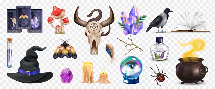 Vector gratuito conjunto realista de objetos mágicos y alquímicos con tarjetas de velas de caldero de cuervo de sombrero de bruja aisladas en ilustración de vector de fondo transparente