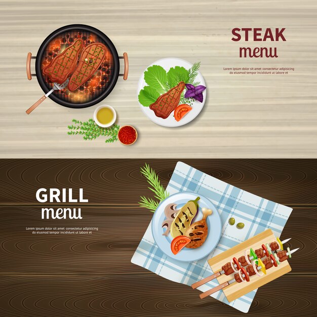 Conjunto realista de pancartas horizontales con filete de kebab a la parrilla y verduras