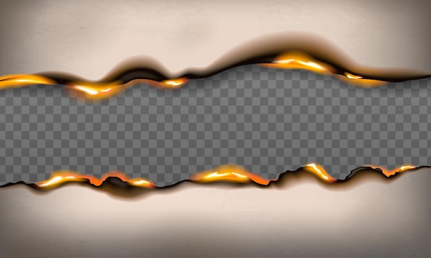 Conjunto realista de papel quemado con bordes superior e inferior aislados de la hoja en llamas en la ilustración de vector de fondo transparente