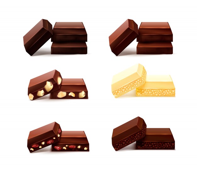 Conjunto realista de piezas de chocolate con imágenes aisladas de trozos de chocolate de diferente sabor sobre fondo blanco