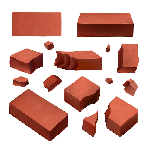 Conjunto realista de piezas de ladrillo rojo entero y fragmentos aislado en la ilustración de vector de fondo blanco