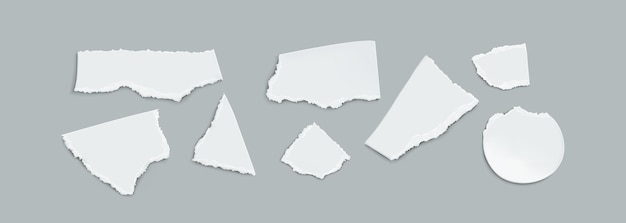 Vector gratuito conjunto realista de piezas de papel blanco aisladas en fondo gris ilustración vectorial de hojas de forma abstracta con bordes irregulares rotos destruidos material de desecho de plantilla fotográfica en blanco para reciclaje