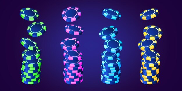 Conjunto realista de pilas de fichas de casino en el fondo