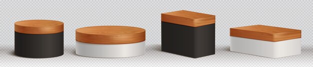 Conjunto realista de podios de lujo aislados en fondo transparente Ilustración vectorial de plataformas o cajas redondas y rectangulares en blanco y negro con cubierta de madera natural Etapa de presentación del producto