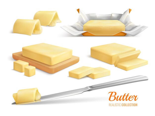 Conjunto realista de rebanadas de mantequilla palos y rollos ilustración aislada