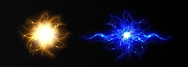 Conjunto realista de relámpagos aislados sobre fondo transparente Ilustración vectorial de bolas de energía eléctrica azules y amarillas que provocan destellos de descarga de energía de tormenta de impacto de rayo