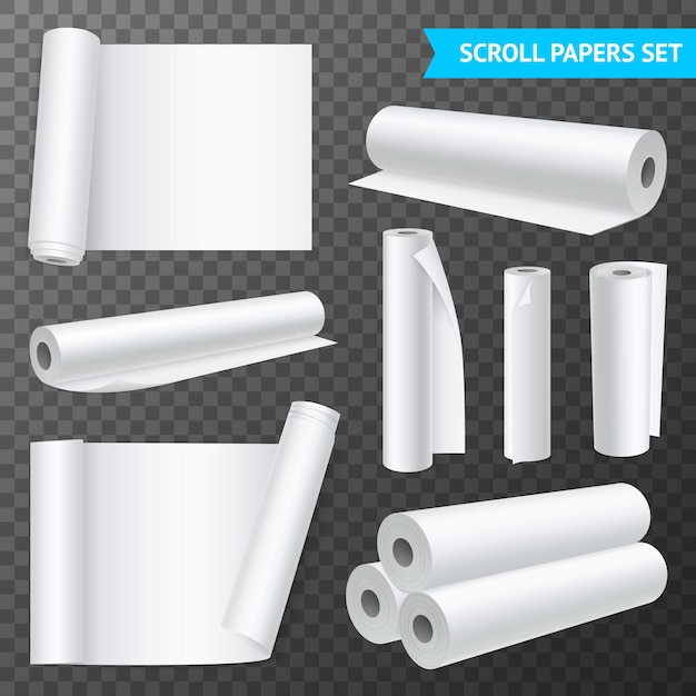 Vector gratuito conjunto realista de rollos de papel blanco limpio aislado en la ilustración de fondo transparente