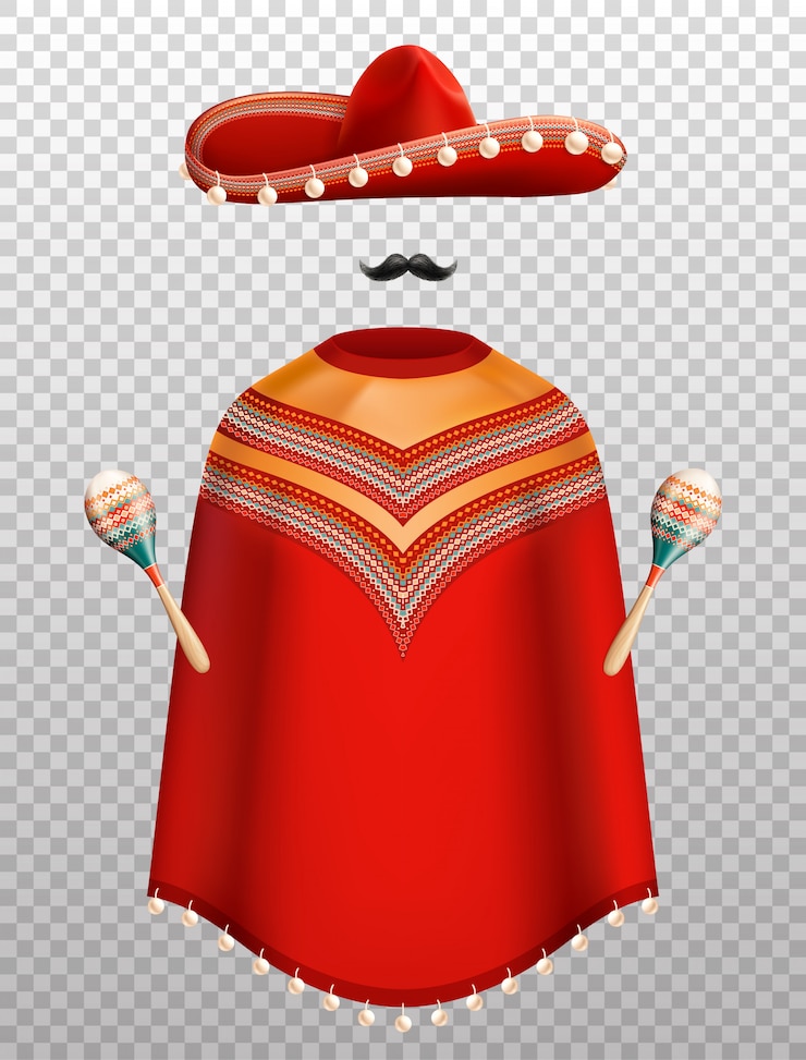 Vector gratuito conjunto realista de ropa tradicional mexicana con sombrero poncho y maracas aislado en transparente