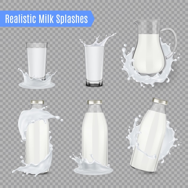 Vector gratuito conjunto realista de salpicaduras de leche