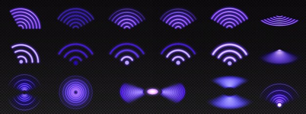 Conjunto realista de señales de ondas de radio púrpura aisladas en un fondo transparente Ilustración vectorial del símbolo radial de la conexión wifi Difusión de sonido Efecto de pulso Vibración Frecuencia de radar Área