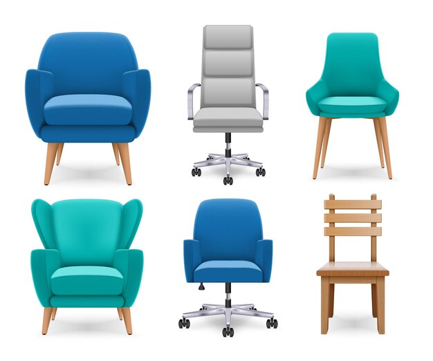 Conjunto realista de sillas y sillones blandos y de madera aislados en una ilustración vectorial de fondo blanco