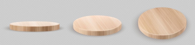 Conjunto realista de tablas redondas de madera aisladas sobre fondo transparente Ilustración vectorial de plataforma de madera de círculo de álamo de pino de roble natural vista superior y lateral Podio para exhibición de productos Muestra de diseño