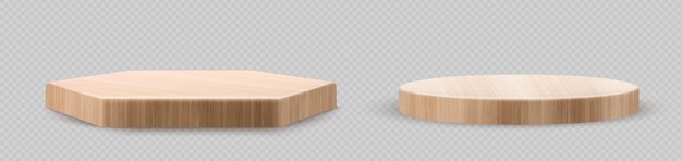 Conjunto realista de tableros de madera hexagonales circulares aislados sobre fondo transparente Ilustración vectorial de vista de ángulo de plataforma de madera geométrica de álamo de pino de roble natural
