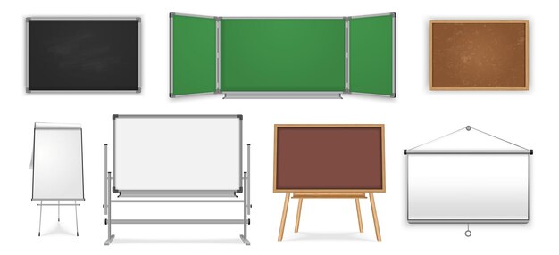 Conjunto realista de tableros de oficina escolar con imágenes aisladas de pizarras vacías y caballetes para ilustraciones de vectores de bolígrafos