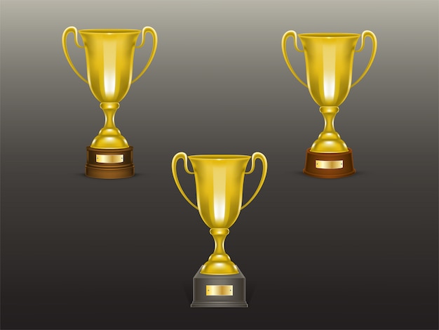 Conjunto realista de la taza 3d, trofeos de oro para el ganador de la competencia, campeonato.