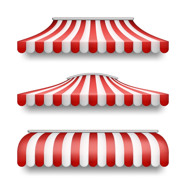Vector gratuito conjunto realista de toldos a rayas aislados sobre fondo.