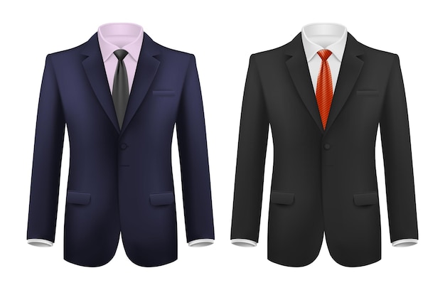 Conjunto realista de traje de hombre con chaquetas inteligentes, corbatas y camisas de diferentes colores, ilustración vectorial aislada
