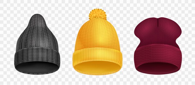 Conjunto realista de tres gorros de invierno negros amarillos y burdeos aislados contra la ilustración de vector de fondo transparente