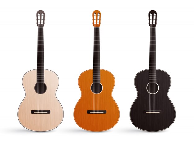 Conjunto realista de tres guitarras acústicas de madera clásicas con cuerdas de nylon aisladas en blanco
