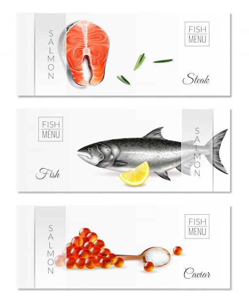 Conjunto realista de tres pancartas horizontales con menú de pescado filetes de salmón y caviar aislado