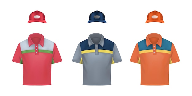 Vector gratuito conjunto realista uniforme de ropa de trabajo con iconos aislados de gorras y camisetas coloreadas según la ilustración vectorial de la marca