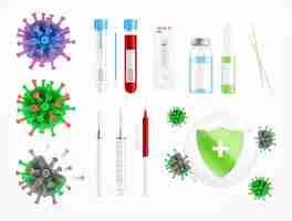 Vector gratuito conjunto realista de la vacuna contra el coronavirus con íconos aislados de virus y equipo para la jeringa de vacunación y la ilustración vectorial de viales