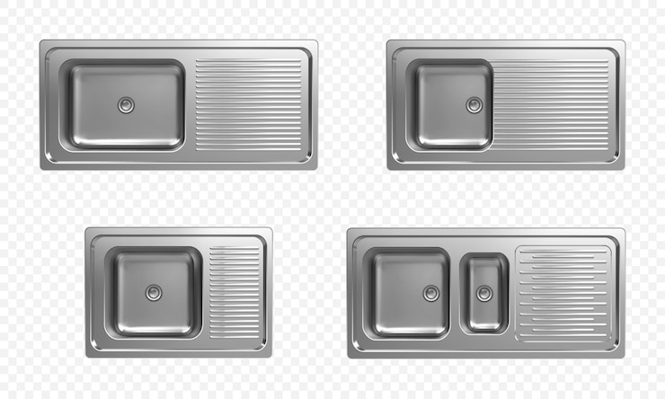 Vector gratuito conjunto realista de vista superior de fregaderos de cocina de acero inoxidable