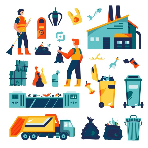 Conjunto de reciclaje de basura con símbolos de clasificación de residuos ilustración vectorial aislada plana