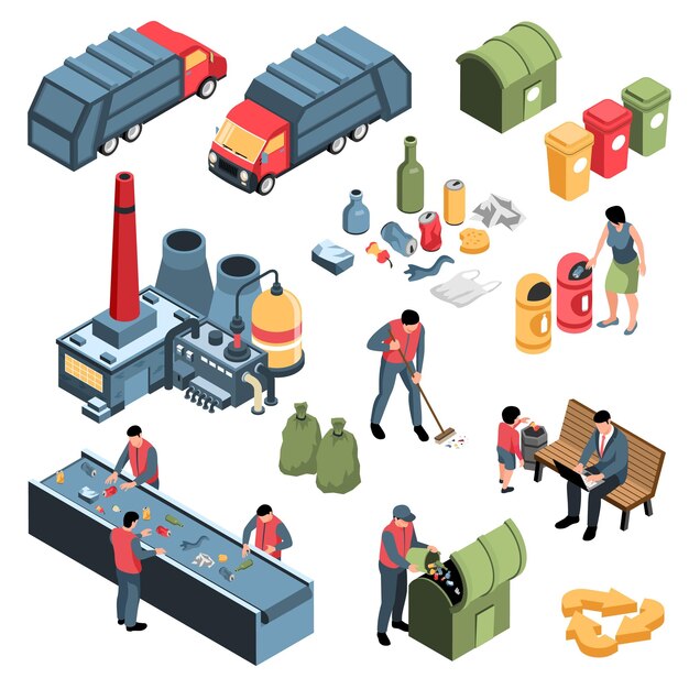 Conjunto de reciclaje de desechos de basura isométrica con clasificación de recolección de desechos y quema de instalaciones industriales con ilustraciones de vectores de personajes humanos