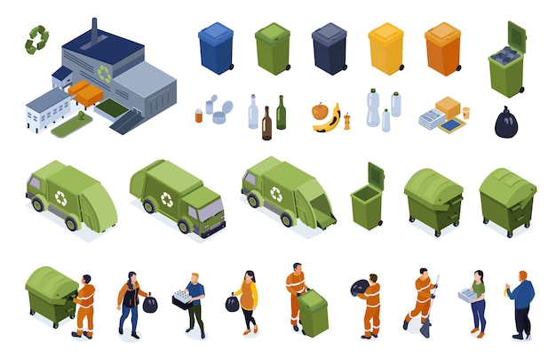 Conjunto de reciclaje isométrico con contenedores aislados separados camiones volquete de basura personajes humanos e ilustración de vector de planta de tratamiento de residuos