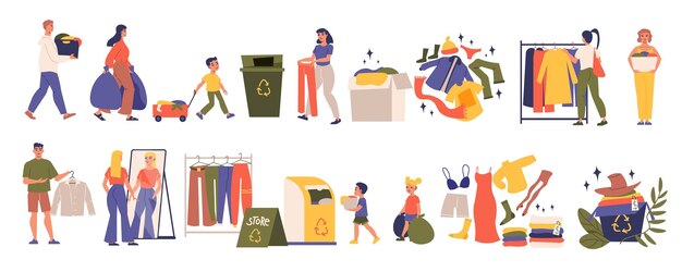 Conjunto de reciclaje de ropa con símbolos de tela y textiles ilustración vectorial aislada plana