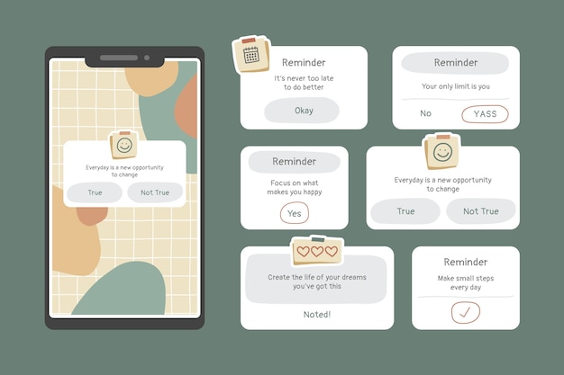 Vector gratuito conjunto de recordatorios de dispositivos móviles y dispositivos dibujados a mano