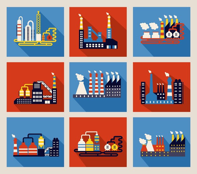Conjunto de refinerías y edificios de fábricas industriales de vector colorido