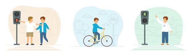 Conjunto de reglas de carretera para niños de composiciones aisladas con personajes de niños pequeños en bicicleta cerca de semáforos ilustración vectorial