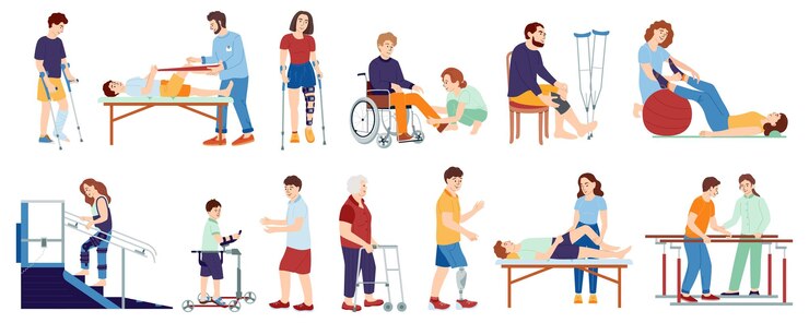 Vector gratuito conjunto de rehabilitación de terapia ortopédica con iconos planos aislados de pacientes con sida y especialistas médicos personajes de garabatos ilustración vectorial