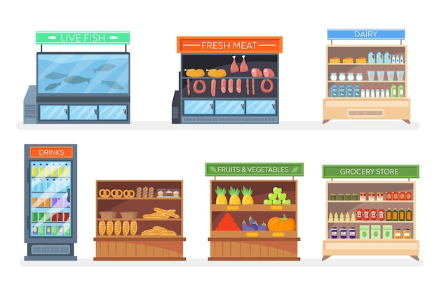 Vector gratuito conjunto de rejillas y refrigeradores con comida.