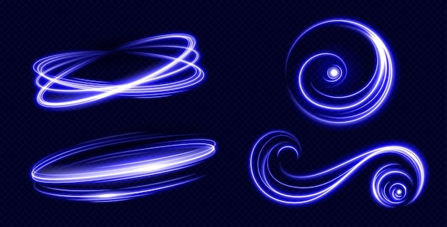 Conjunto de remolinos abstractos azul neón en transparente