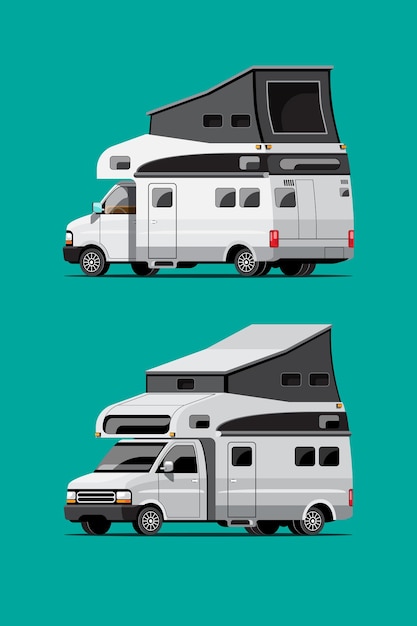 Conjunto de remolques de camping blancos, casas móviles de viaje o caravanas sobre fondo verde, ilustración plana aislada
