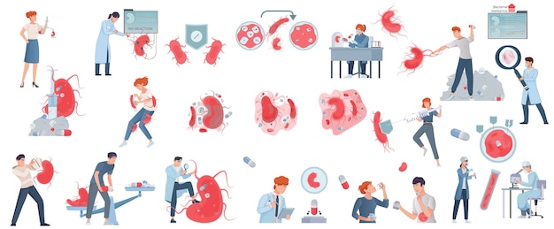 El conjunto de resistencia a los antibióticos con símbolos médicos ilustración de vector aislado plano