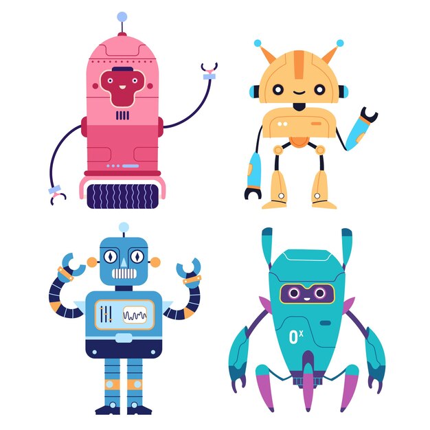 Conjunto de robots divertidos felices cyborgs retro futuristas bots modernos saludan a mano ilustración
