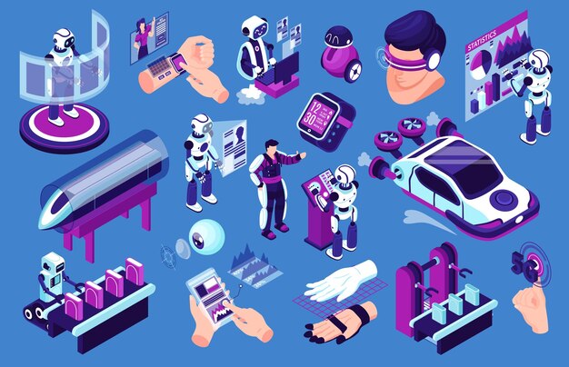 Conjunto de robots futuros de tecnologías isométricas de robots aislados y personajes humanos transporte de alta velocidad y dispositivos ilustración vectorial