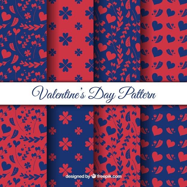 Conjunto rojo y azul de patrones para san valentin