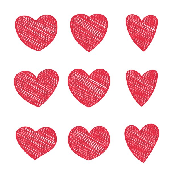 conjunto, de, rojo, bosquejo, lleno, garabato, corazones