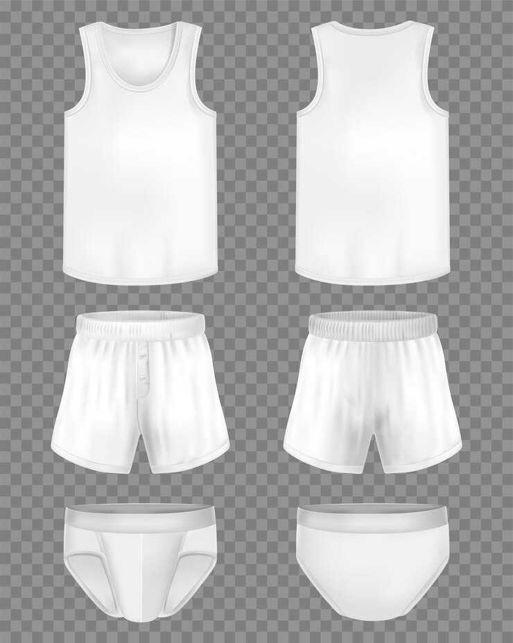 Vector gratuito conjunto de ropa interior para hombres con camisetas blancas sin mangas y calzoncillos aislados en una ilustración vectorial realista de fondo transparente