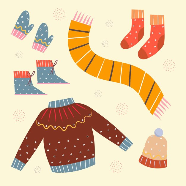 Conjunto de ropa de invierno acogedora dibujada y elementos esenciales.