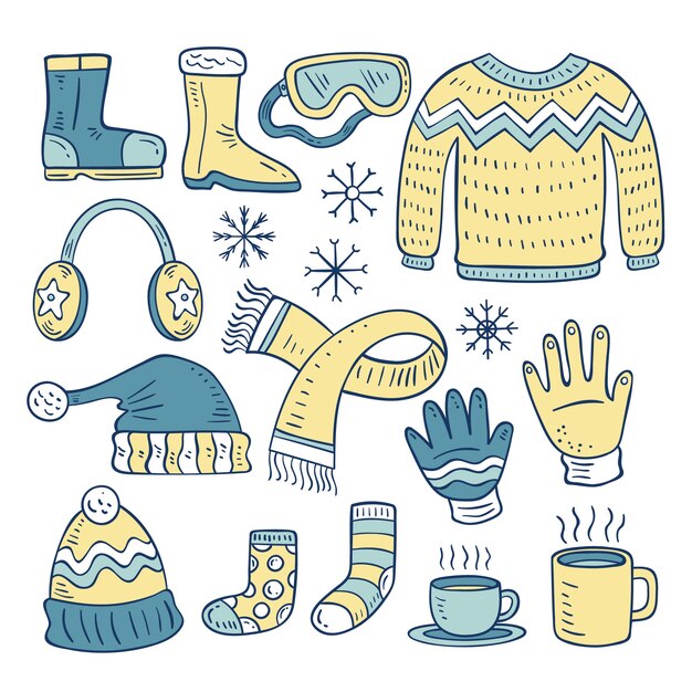 Conjunto de ropa de invierno y elementos esenciales dibujados a mano