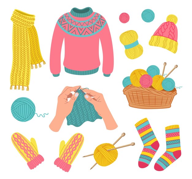 Conjunto de ropa de lana de punto. ilustraciones de prendas de vestir, ovillos de lana en canasta