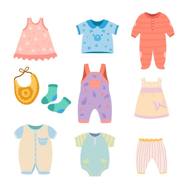Conjunto de ropita para bebé niño y niña. Ilustraciones vectoriales de ropa linda para niños pequeños. Mameluco del mono de la camisa del vestido de los pantalones de la historieta aislado en blanco. Ropa para niños pequeños, concepto de moda infantil.