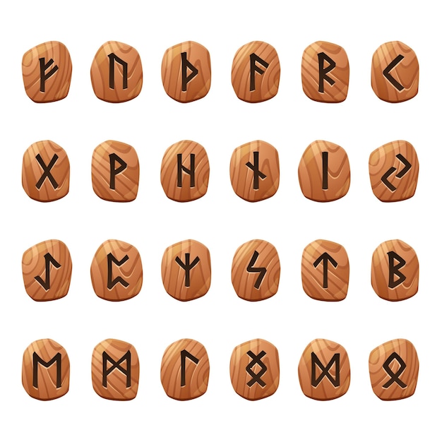 Conjunto de runas de juego, alfabeto antiguo nórdico, símbolos de futark celta vikingo grabados en piezas de madera. Signos ocultos esotéricos, elementos de diseño místico ui o gui, ilustración vectorial de dibujos animados aislados, iconos