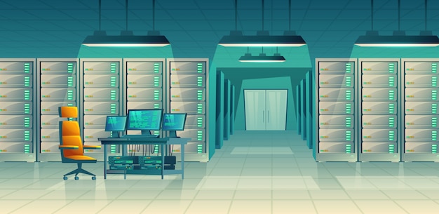 conjunto de sala de control de dibujos animados con bastidores de servidor, mesa. Base de datos, centro de datos para alojamiento